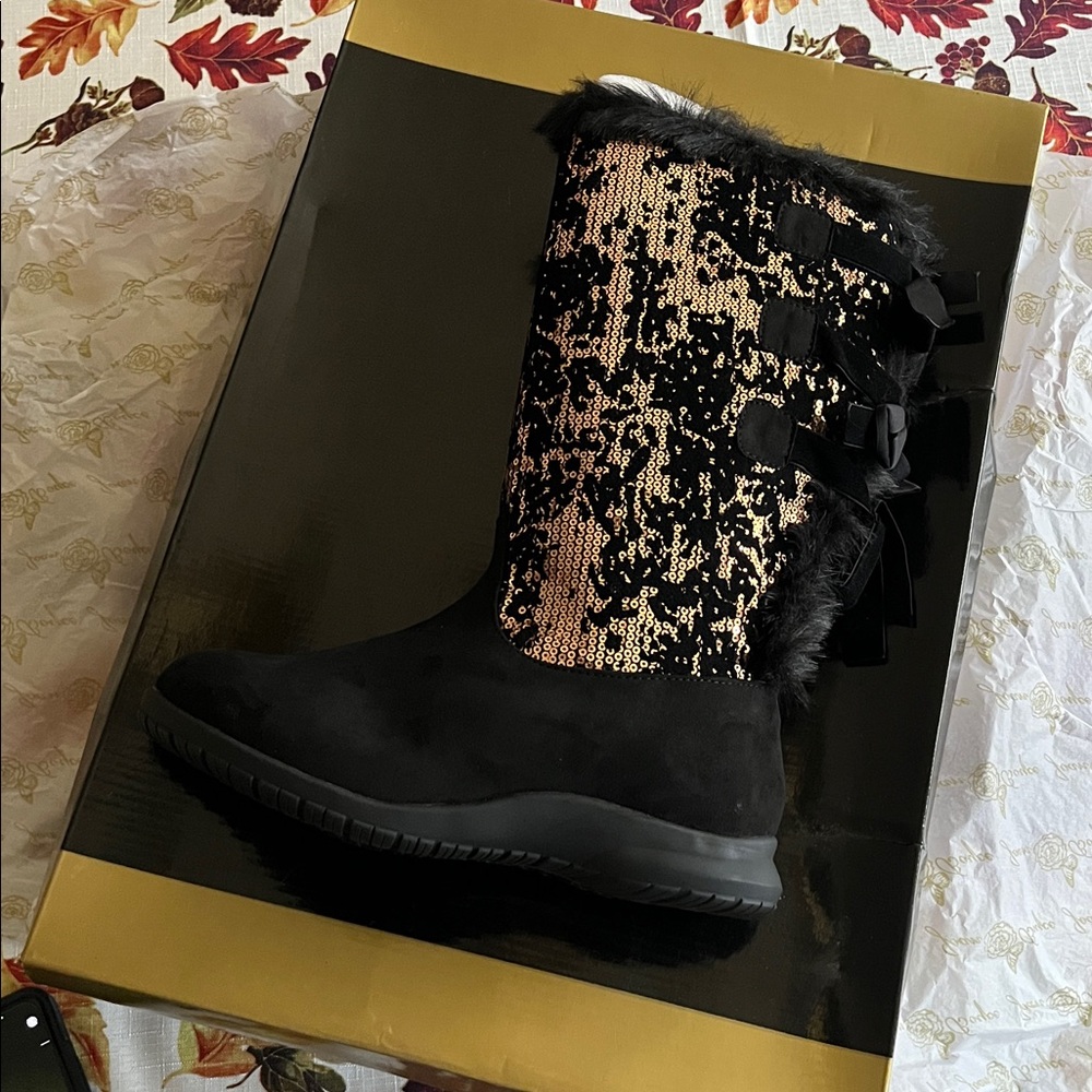 Joan Boyce Sequin Black Velvet Bow Boot Size 6.5M
